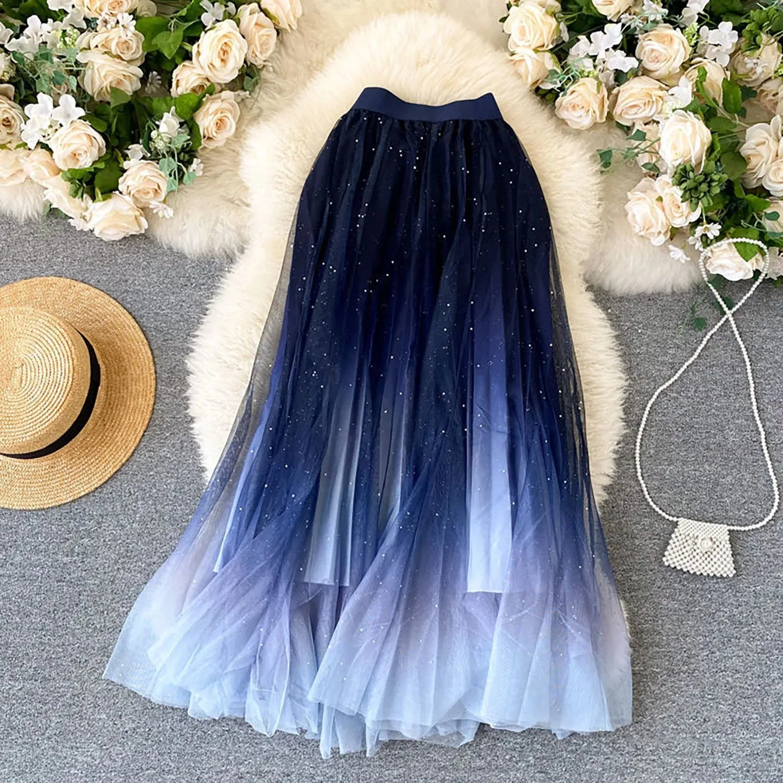 Uniwim Women's Mesh Tulle Skirts Starry Sky Gradient Color Skirt Fairy High Waist A Line Pleated Skirt Sequin Skirt Evening Fancy Party