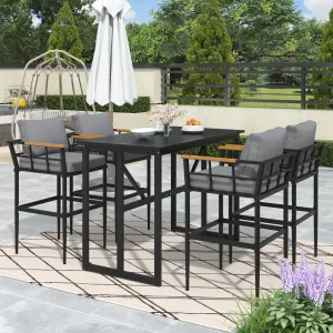 U_Style Steel Outdoor Dining Set with Acacia Wood Armrest Suitable For Patio, Balcony Or Backyard