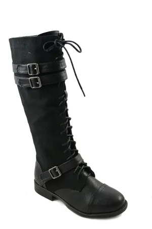 Vintage Buckled Lace Up Wool Knee vegan Leather Boots