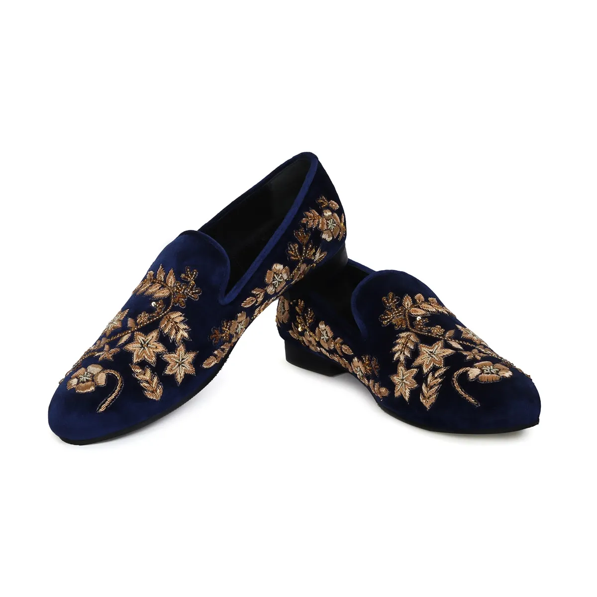 Wedding Oriented Slip-On Shoes in Blue Velvet with Floral Pattern Golden Hand Zardosi By Brune & Bareskin