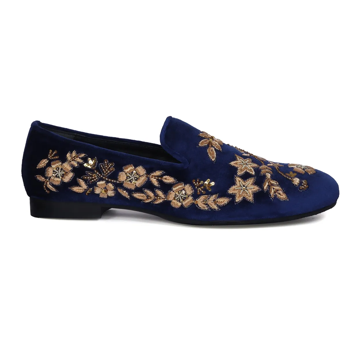 Wedding Oriented Slip-On Shoes in Blue Velvet with Floral Pattern Golden Hand Zardosi By Brune & Bareskin