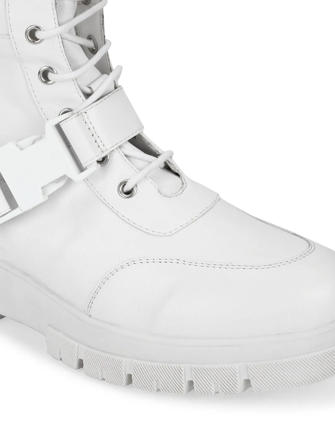 White PU Lace Up Side Buckle Boots