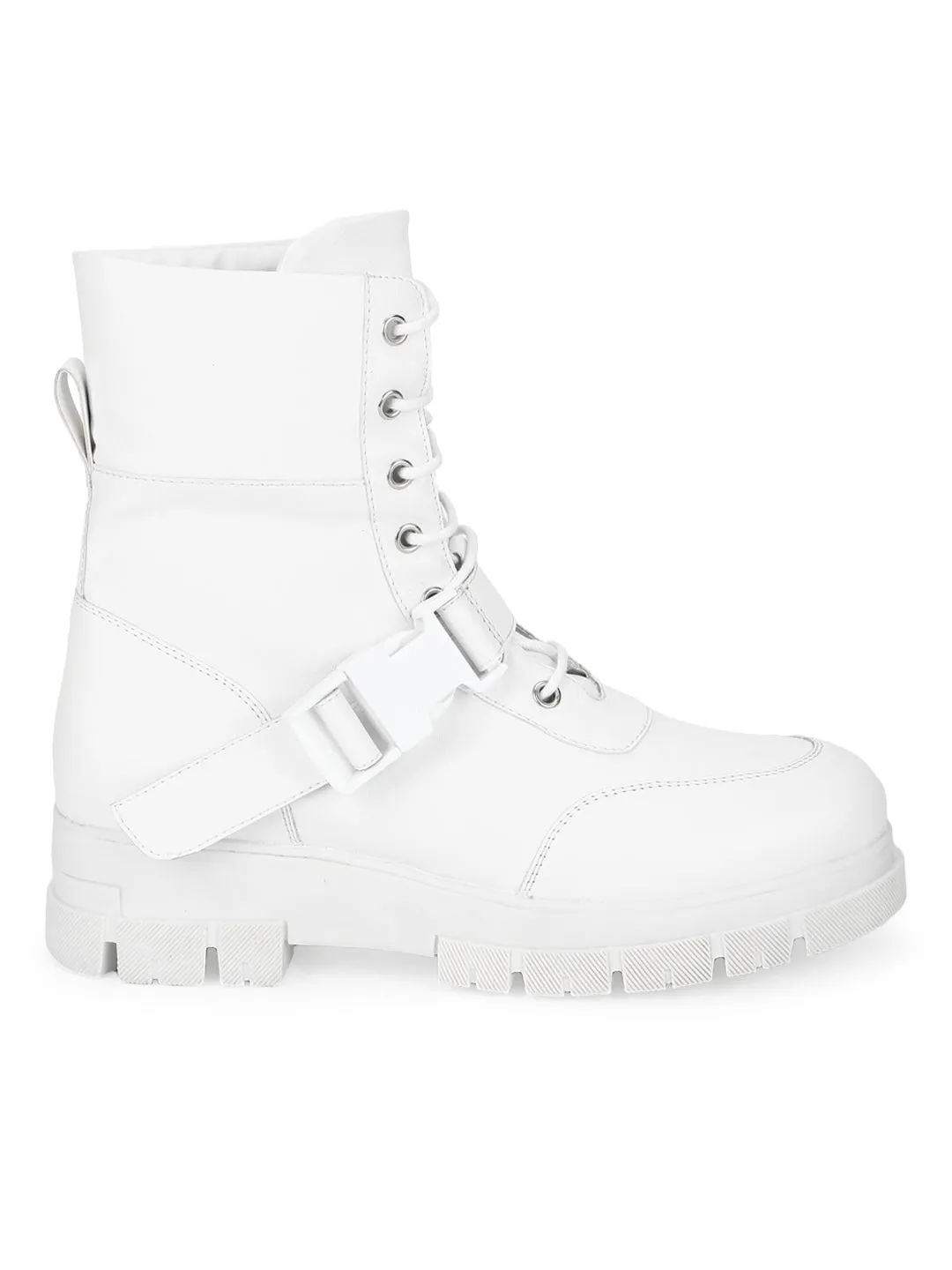 White PU Lace Up Side Buckle Boots