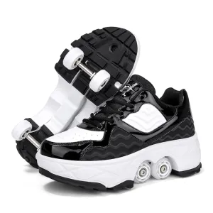 With Brakes Deformable Four-wheel Retractable Double-row Dual-purpose Roller Skates, Size: 38(DF08 Black)