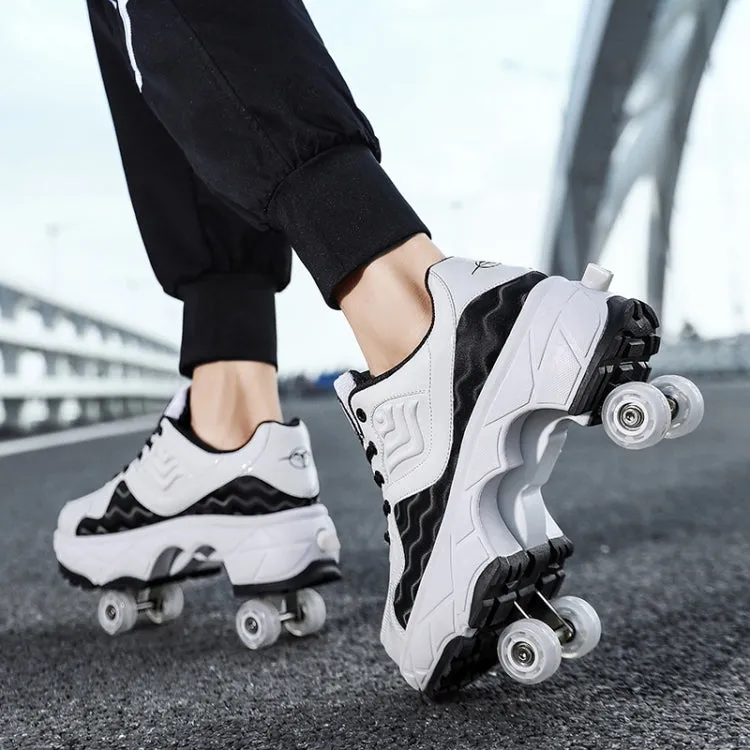 With Brakes Deformable Four-wheel Retractable Double-row Dual-purpose Roller Skates, Size: 38(DF08 Black)