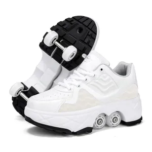 With Brakes Deformable Four-wheel Retractable Double-row Dual-purpose Roller Skates, Size: 42(DF08 White)