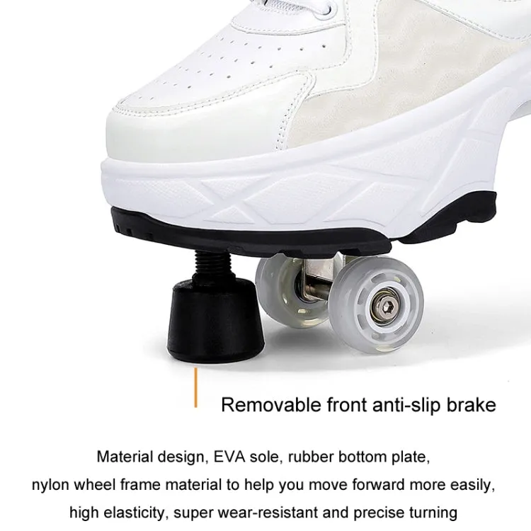 With Brakes Deformable Four-wheel Retractable Double-row Dual-purpose Roller Skates, Size: 42(DF08 White)