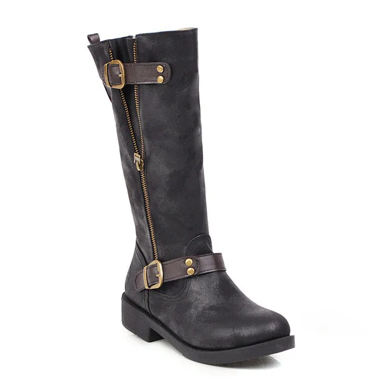 Womens' Buckle Belt Low Heels Knee High Boots