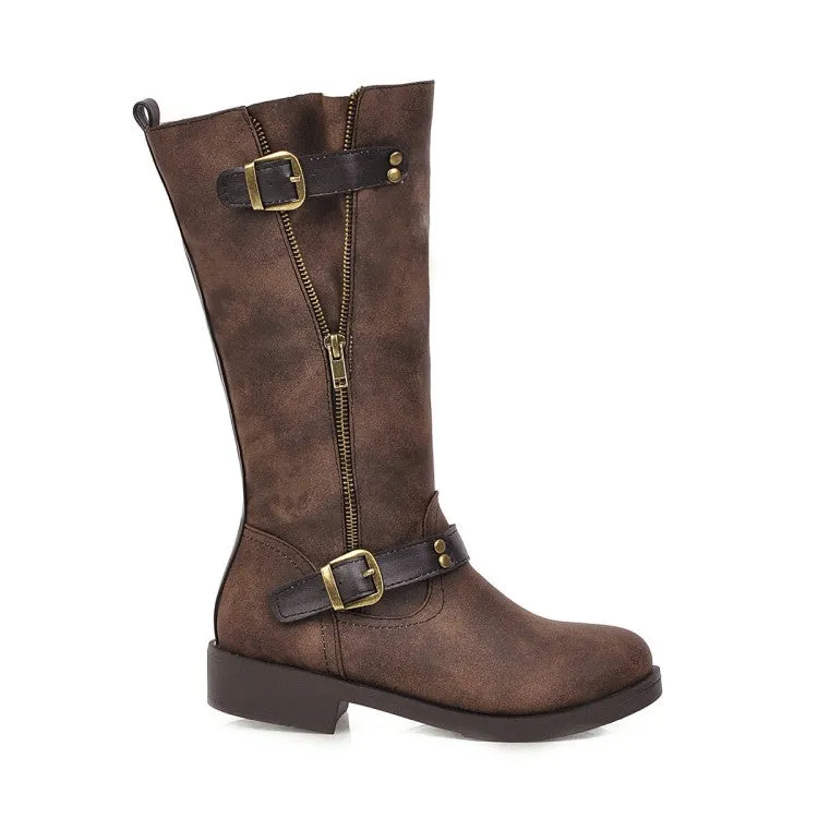 Womens' Buckle Belt Low Heels Knee High Boots