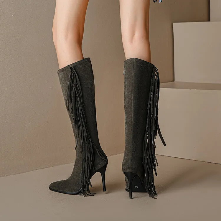 Women's Flock Pointed Toe Tassel Stiletto Heel Knee-High Boots