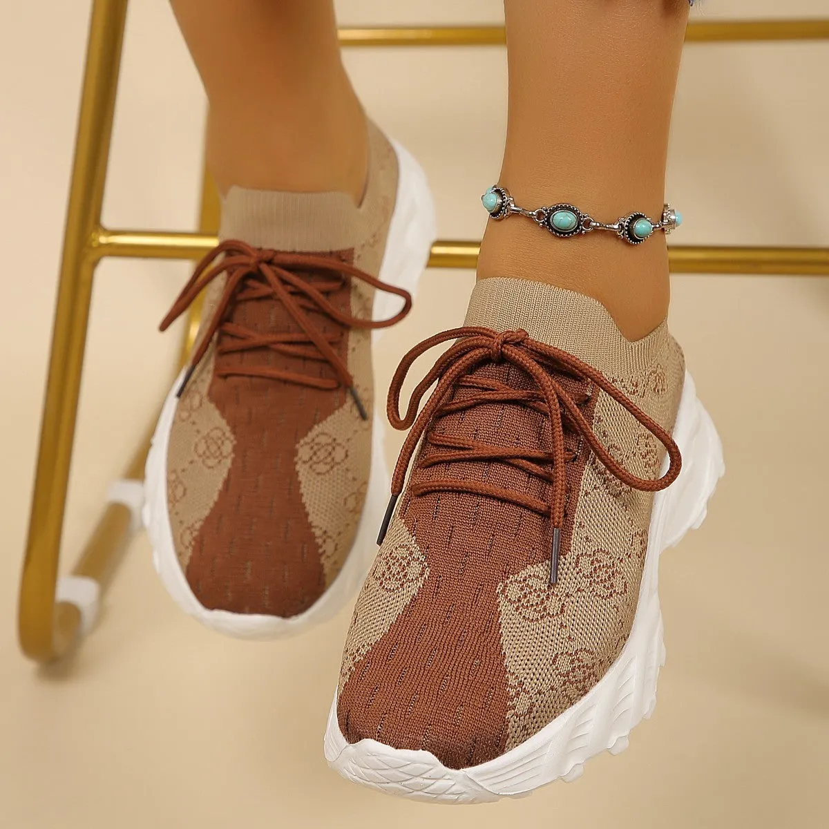 Women’s Floral Print Mesh Lace-up Sneakers