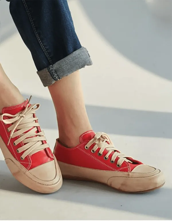 Women's Lace Up Leather Casual Flat Shoes