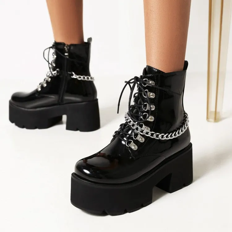 Women's Pu Leather Metal Chains Lace Up Belts Block Heel Platform Short Boots