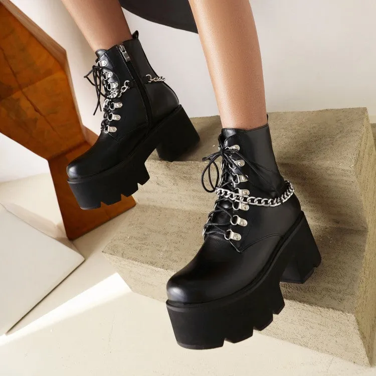 Women's Pu Leather Metal Chains Lace Up Belts Block Heel Platform Short Boots