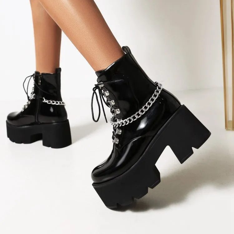 Women's Pu Leather Metal Chains Lace Up Belts Block Heel Platform Short Boots