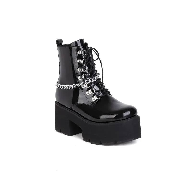 Women's Pu Leather Metal Chains Lace Up Belts Block Heel Platform Short Boots