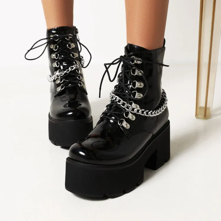 Women's Pu Leather Metal Chains Lace Up Belts Block Heel Platform Short Boots