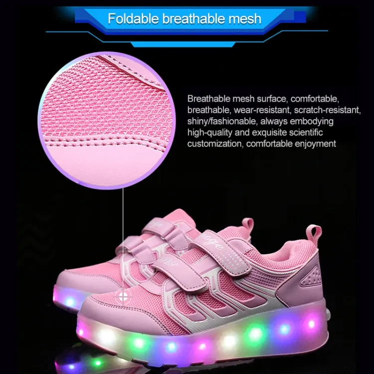 WS01 LED Light Ultra Light Mesh Surface Rechargeable Double Wheel Roller Skating Shoes Sport Shoes, Size : 27(Pink)