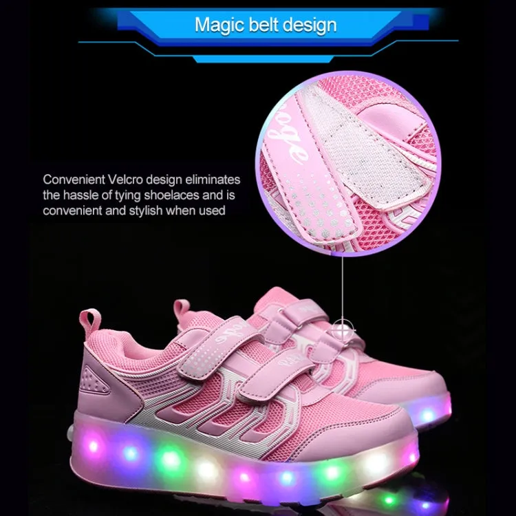 WS01 LED Light Ultra Light Mesh Surface Rechargeable Double Wheel Roller Skating Shoes Sport Shoes, Size : 27(Pink)