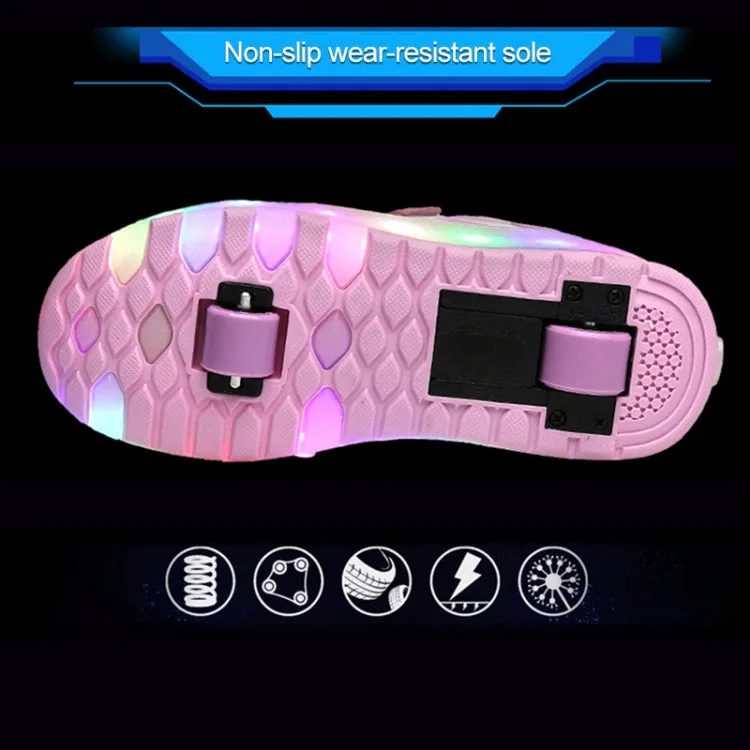 WS01 LED Light Ultra Light Mesh Surface Rechargeable Double Wheel Roller Skating Shoes Sport Shoes, Size : 27(Pink)