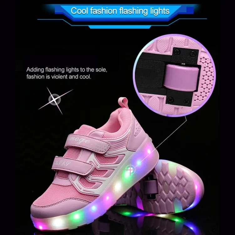 WS01 LED Light Ultra Light Mesh Surface Rechargeable Double Wheel Roller Skating Shoes Sport Shoes, Size : 27(Pink)