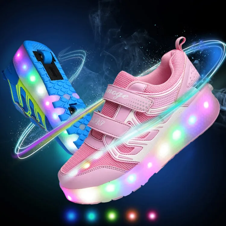 WS01 LED Light Ultra Light Mesh Surface Rechargeable Double Wheel Roller Skating Shoes Sport Shoes, Size : 27(Pink)