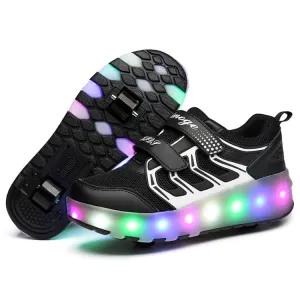 WS01 LED Light Ultra Light Mesh Surface Rechargeable Double Wheel Roller Skating Shoes Sport Shoes, Size : 33(Black)