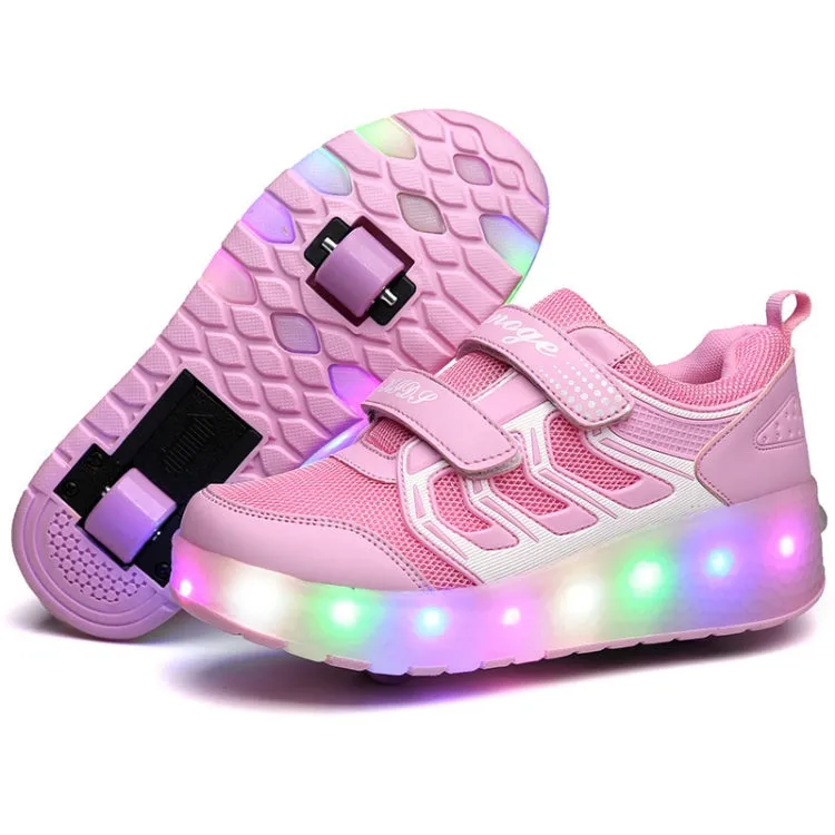 WS01 LED Light Ultra Light Mesh Surface Rechargeable Double Wheel Roller Skating Shoes Sport Shoes, Size : 38(Pink)